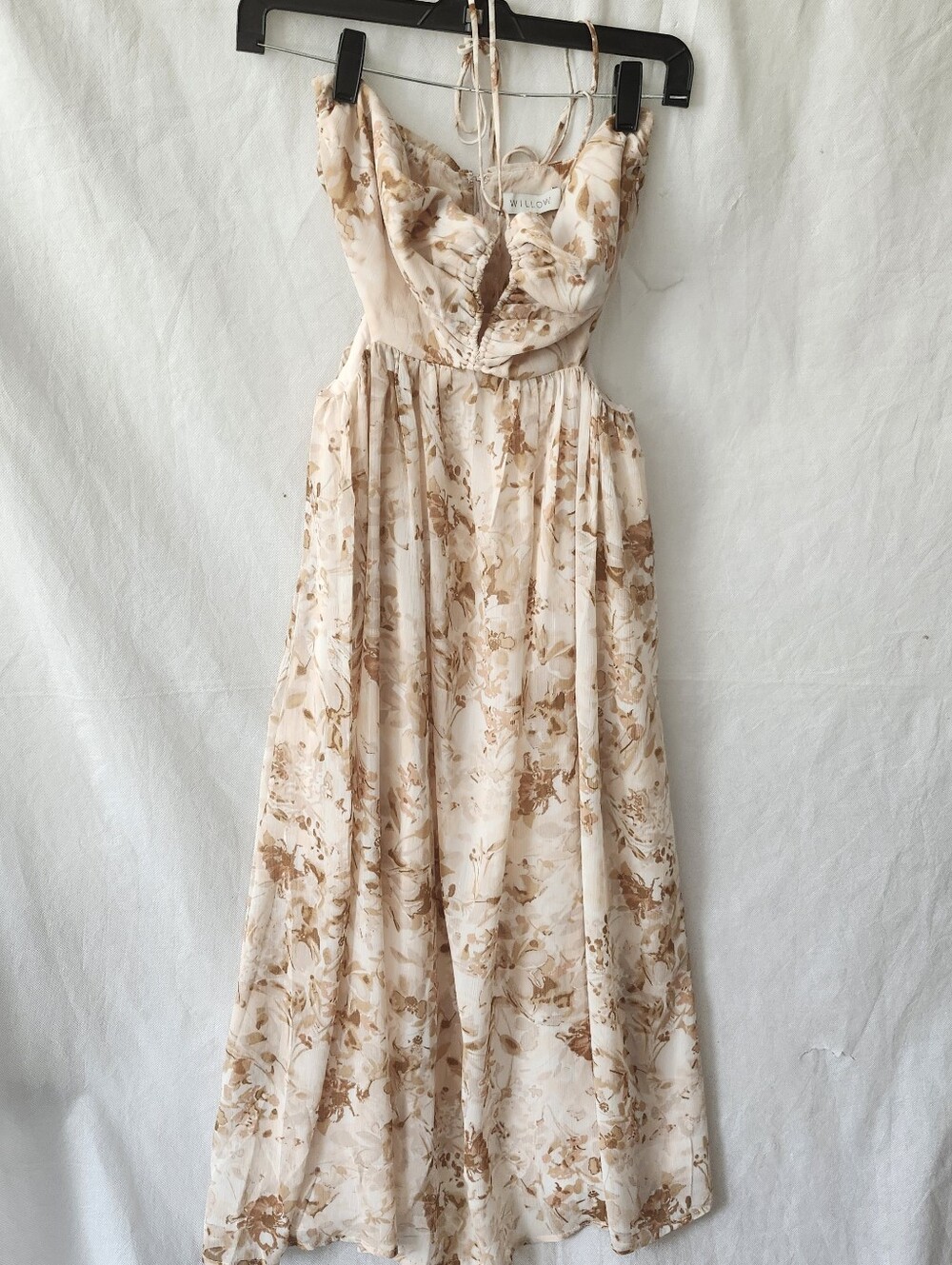 Willow Women's Strapless Floral Midi Dress in Cream and Gold Sz M